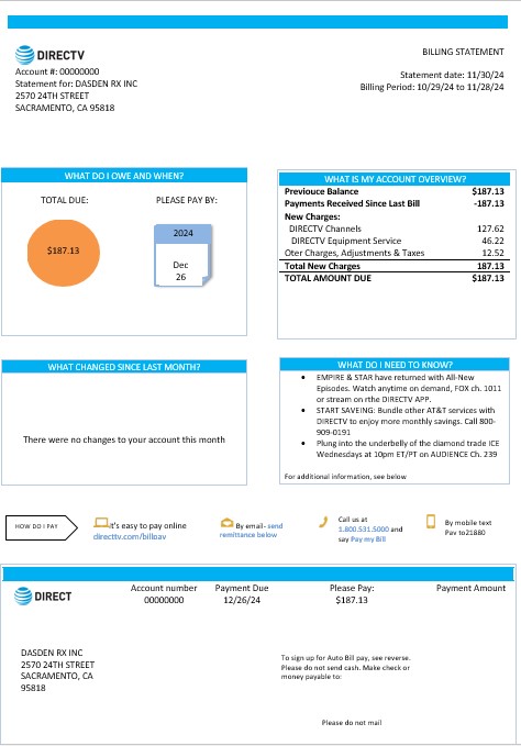 USA California Directv business utility bill template in Word and PDF formats, good for address prove